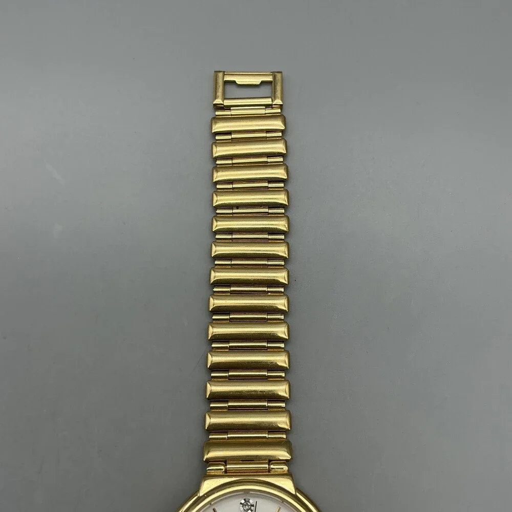 Vintage Halston Womens Watch 32mm Gold Tone White Dial Bracelet New Battery 8.5